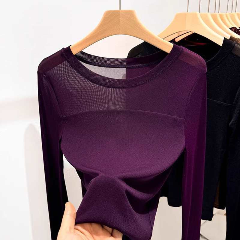 Purple Light and Airy Mesh Long-Sleeve T-Shirt for Women, Spring and Autumn, Plus Size, Fashionable Inner Layer, Unique Slightly Sheer Lace Top Purple Light and Airy Mesh Long-Sleeve T-Shirt for Women, Spring and Autumn, Plus Size, Fashionable Inner Layer, Unique Slightly Sheer Lace Top