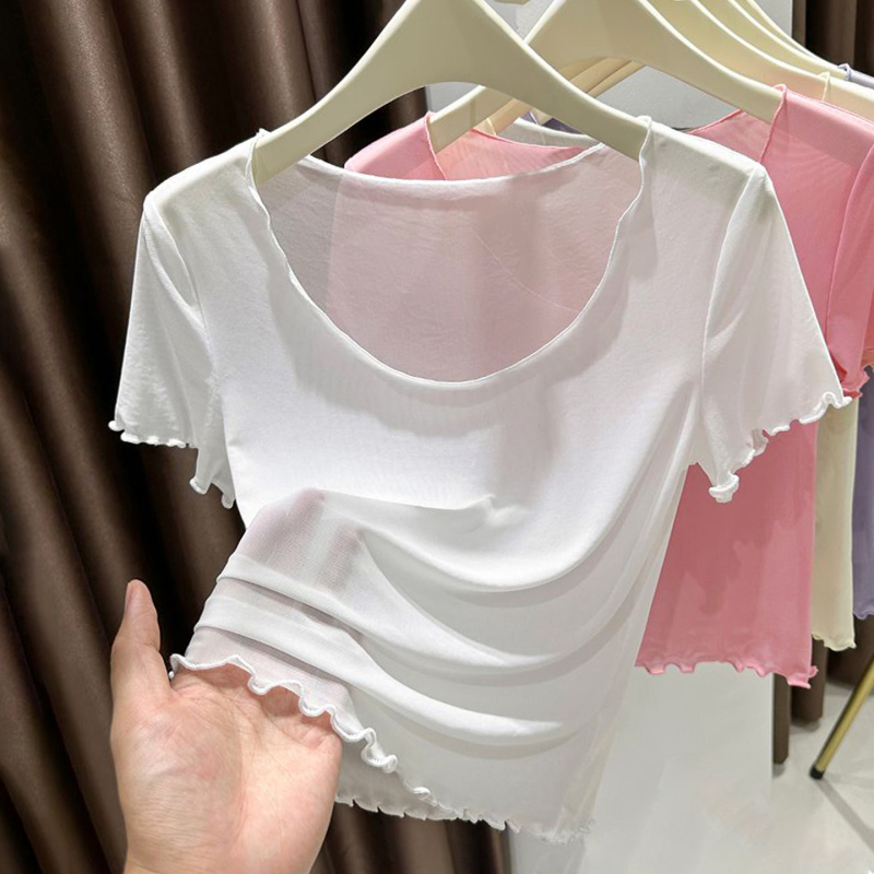 White Ruffled Round Neck Ice Silk Mesh Short-Sleeve T-Shirt for Women, Spring and Summer, Plus Size, Transparent Base Shirt, Pure Lace Top