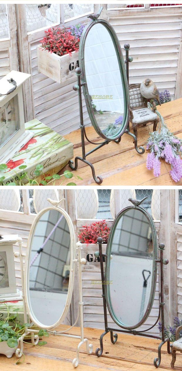 [Đặc biệt hàng ngày] Vườn retro Mỹ rèn sắt cũ sữa trắng chim bàn gương trang điểm gương - Gương gương trang trí