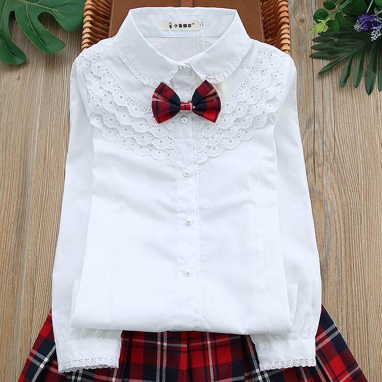 Little girl white shirt Long sleeve girls lace shirt Pure cotton children's shirt Foreign school school uniform autumn inch shirt