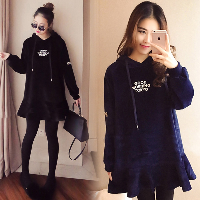 Pregnant woman winter clothing suit 2021 new stylish double suede medium long version plus suede thickened thick cotton T-care pants two-piece set