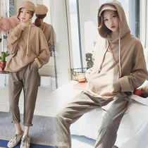 Pregnant women autumn and winter suit fashion Korean loose slim hooded sweater pregnancy sports belly pants two-piece