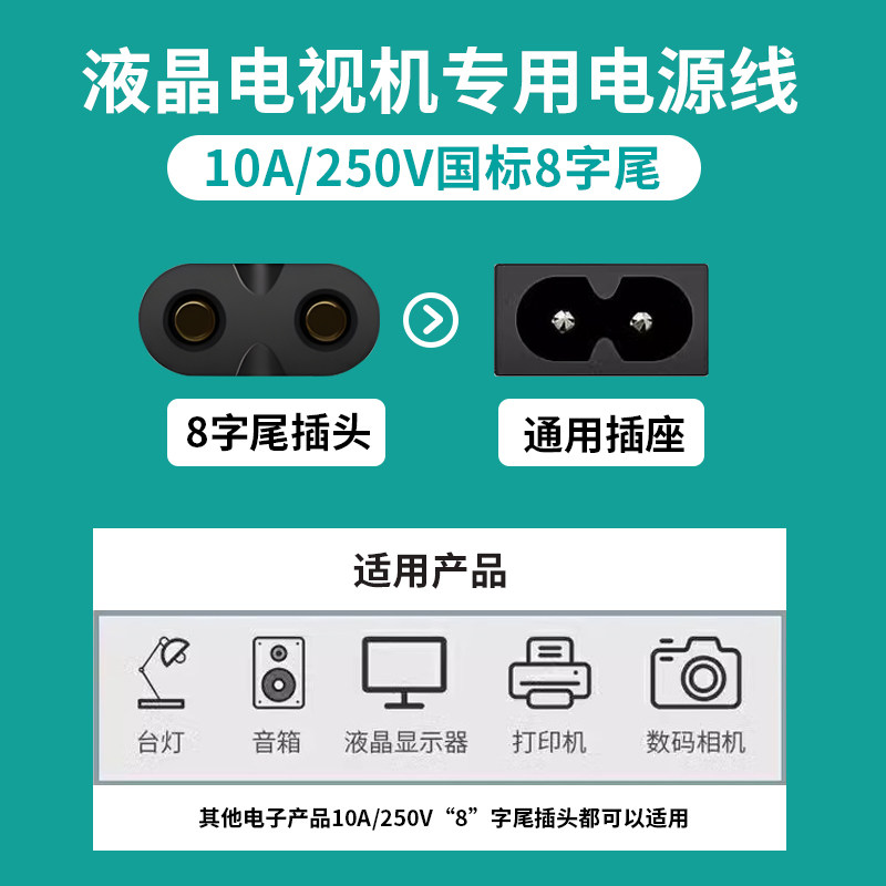 8-Shaped Power Cord Suitable for Ps5 Printer, Tci Hisense Tv Projector, Desk Lamp, Speaker, 2-Pin Extension Cord