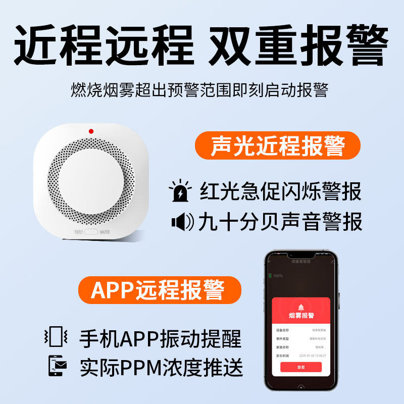 Smoke Alarm Tuya Smart Wifi Smoke and Gas Integrated Alarm Home Fire Protection High-Rise Fire Escape Detection Commercial 3C Certified Wireless Networking Smoke Detector Fire Protection Special