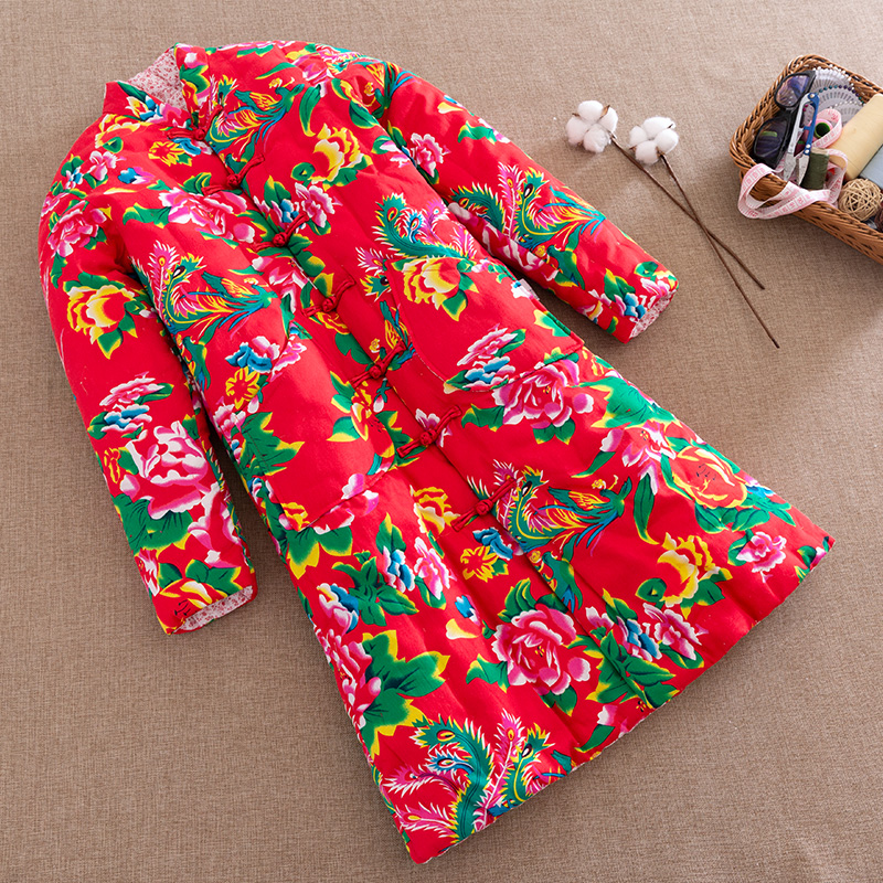 Northeast Great Flower Cloth Cotton Padded Jacket Woman Medium Long Version Pure Cotton Cotton Clothing Lady Thickened Warm Wedding Dress Cotton Clothes Winter