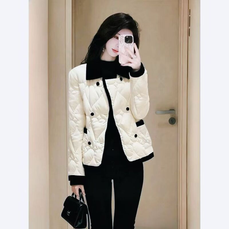 Tweed Style High-End Lapel down Cotton Jacket for Women, Autumn and Winter Short Style, Fashionable and Lightweight Cotton Coat for Small People, Warm Jacket