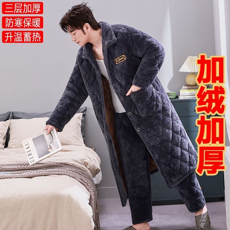 Men's Winter Three-Layer Thickened Quilted Cotton Robe, Extra Thick Flannel Heat-Retaining Warm Coral Fleece Robe Set, Loungewear