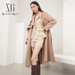 Snow song light brown long coat for women 2022 winter new style belted waist wool blended lapel woolen coat