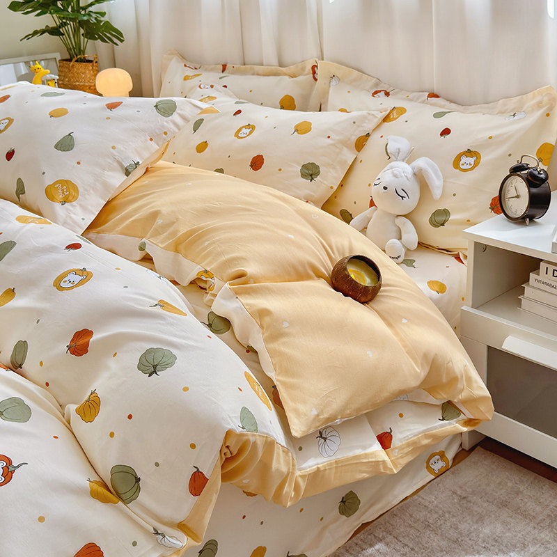 Spring and Summer New Style ins Pure Cotton Four-Piece Set, Fresh and Simple All-Cotton Bedding, Cartoon Duvet Cover, Dormitory Three-Piece Set, 4-Piece Set