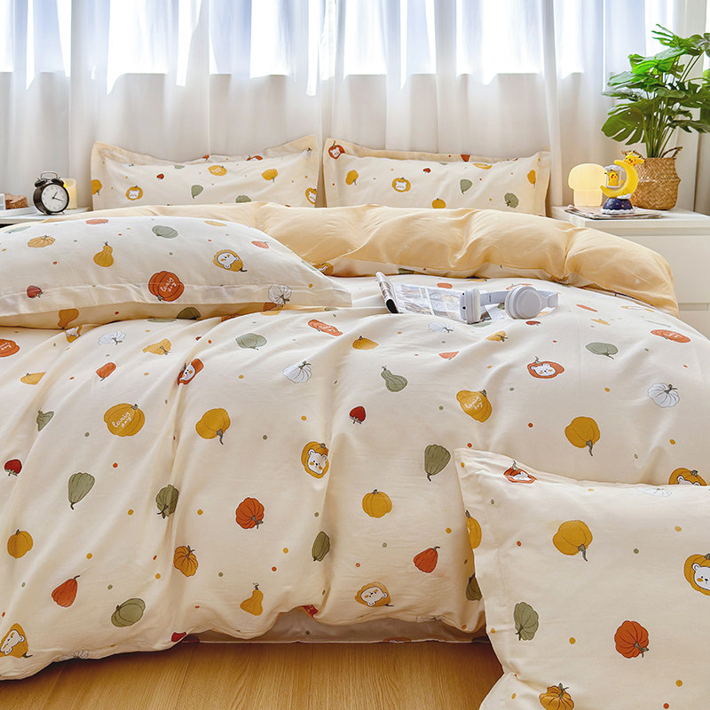 Spring and Summer New Style ins Pure Cotton Four-Piece Set, Fresh and Simple All-Cotton Bedding, Cartoon Duvet Cover, Dormitory Three-Piece Set, 4-Piece Set