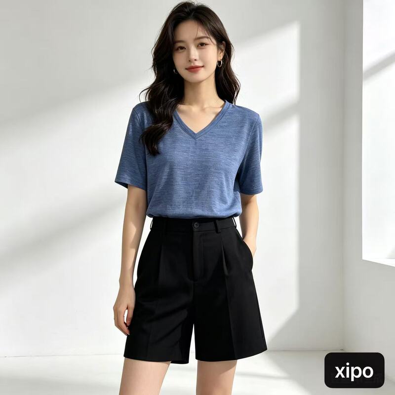 16.5μm Women's Merino Wool Short-Sleeved Summer Casual T-Shirt, Sweat-Wicking and Quick-Drying Top, V-Neck Shopping T-Shirt