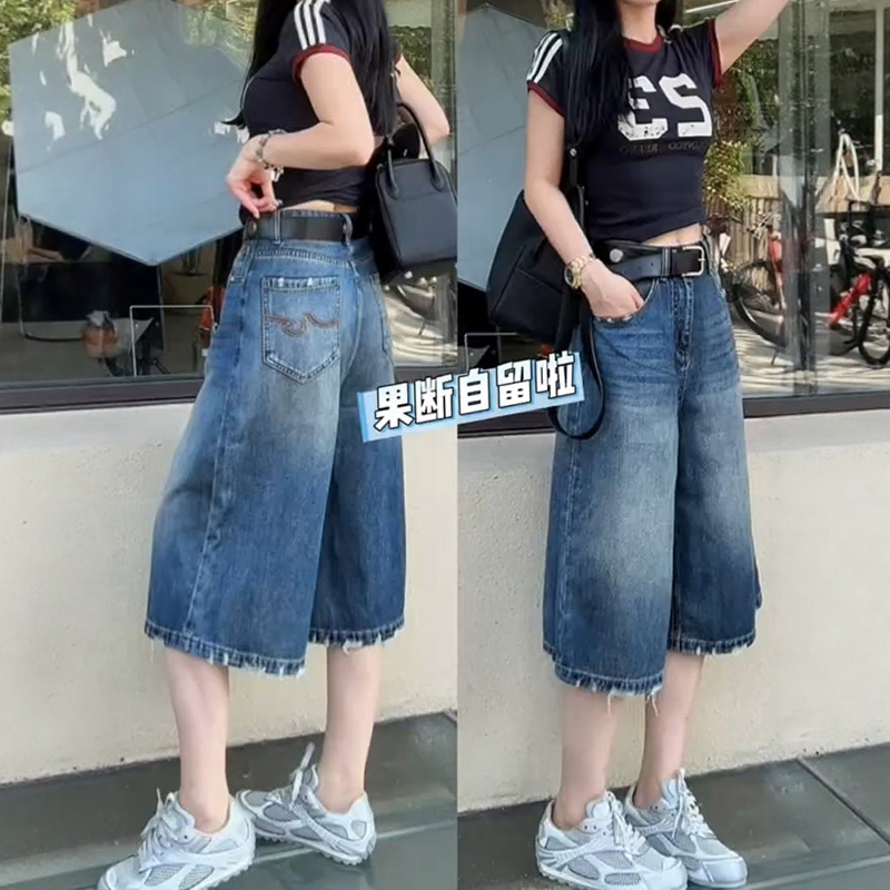 Plus Size 2026 Summer Thin High-Waisted Blue Straight-Leg Denim Mid-Length Pants for Women, Loose and Slimming, Seven-Point Wide-Leg Pants