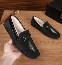Mens Warm Cotton Shoes Overfoot Casual Round Toe One Pedal Pearl Fish Pattern Leather Fur All-in-One Peas Shoes Loafers