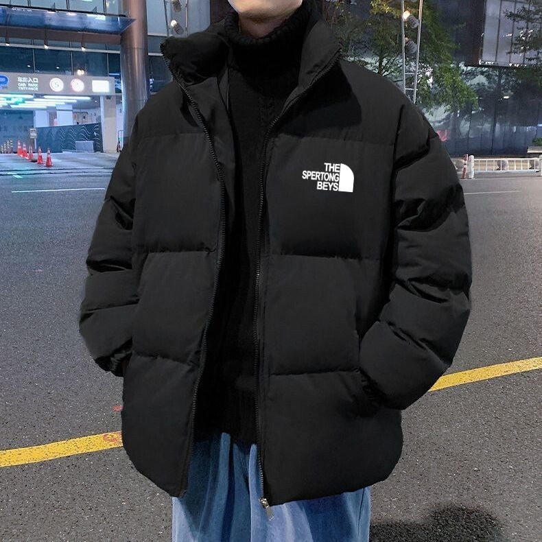 2025 New Men's Winter Cotton Jacket with Fleece Lining, Thickened Cotton Coat, Loose Fit, Stand Collar, Trendy Brand Puffer Jacket for Teenagers