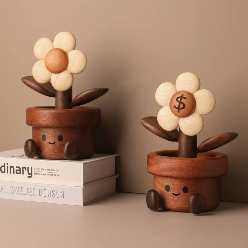 Solid Wood Happy and Wealthy Desktop Figurine Decoration, Birthday Gift, Creative Healing Style, Workstation Stress-Relief Gadget