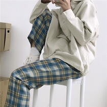 (Large size special price does not return do not change) Japanese blue autumn and winter nine casual plaid straight pants