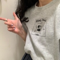 SINGSONG] Printed T-shirt Charcoal gray short sleeve cotton skinny top female Hong Kong flavor loose Super fire half sleeve female