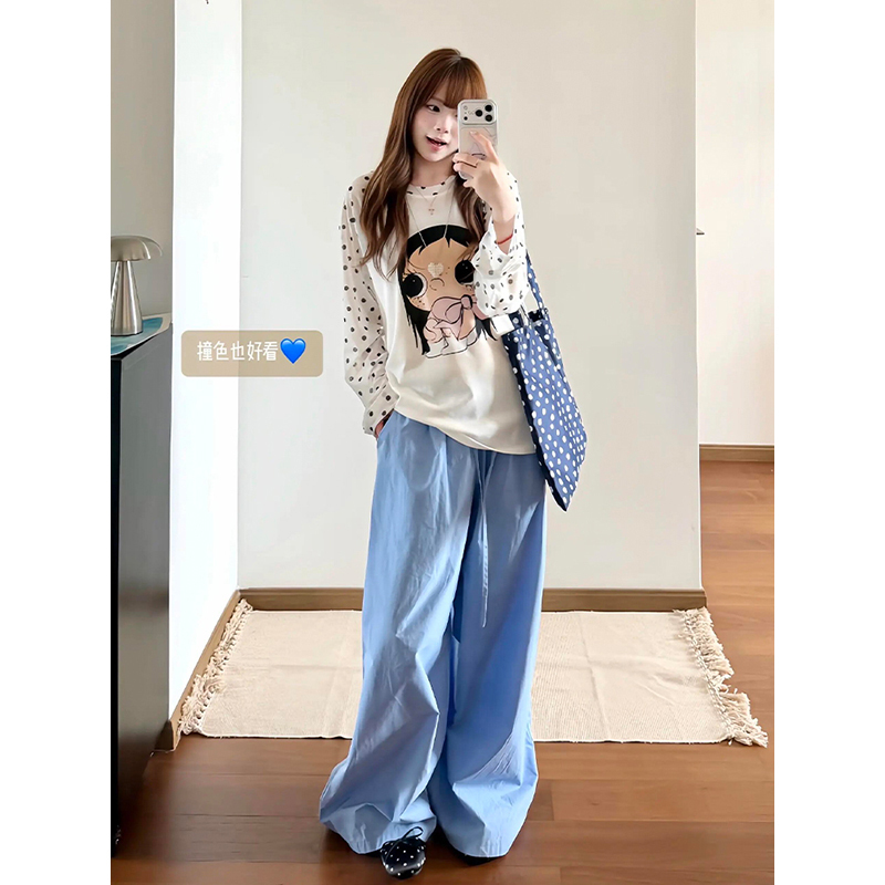 Sweet and Cute Style Casual Sports Suit for Women, Summer Cartoon Raglan Long-Sleeved T-Shirt, Blue Trousers Two-Piece Set, Trendy Sweet and Cute Style Casual Sports Suit for Women, Summer Cartoon Raglan Long-Sleeved T-Shirt, Blue Trousers Two-Piece Set, Trendy