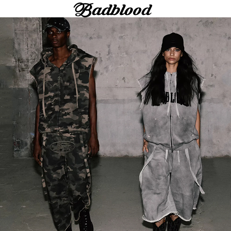Badblood American Retro Tie-Dye Camouflage Zipper Vest Hooded Terry Men's and Women's Cropped Pants Casual Suit