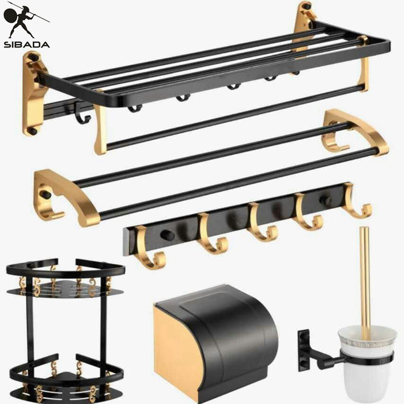 Black folding rack bath towel rack bathroom space aluminum towel rack bathroom bathroom hardware pendant set