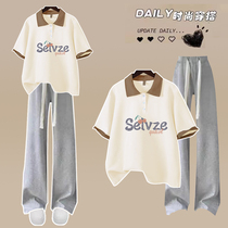 Junior high school girls summer 2024 new middle school students casual wide-leg suit loose girl short-sleeved T-shirt two-piece set