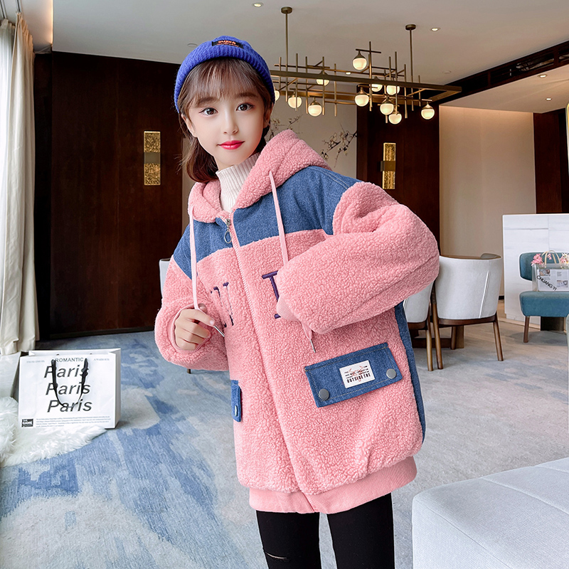 Girl lamb suede jacket Autumn winter clothing 2021 new Korean version CUHK Scout children haircut cotton thickened wool sweater