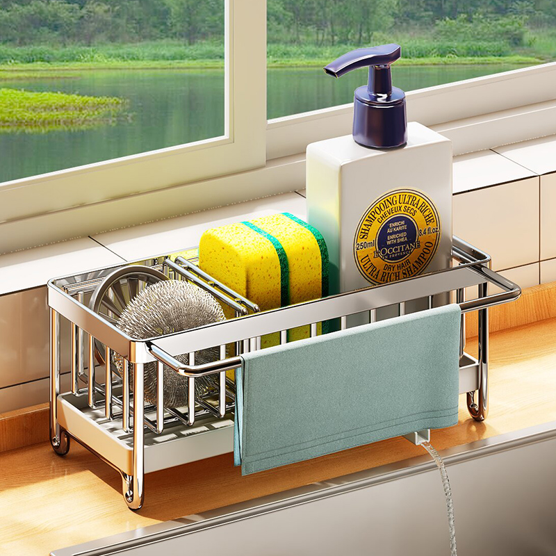 304ステンレススチールのラグラック、ロッド付きキッチン排水ラック、パンチフリーカウンタートップ調味料シンク収納アーティファクト