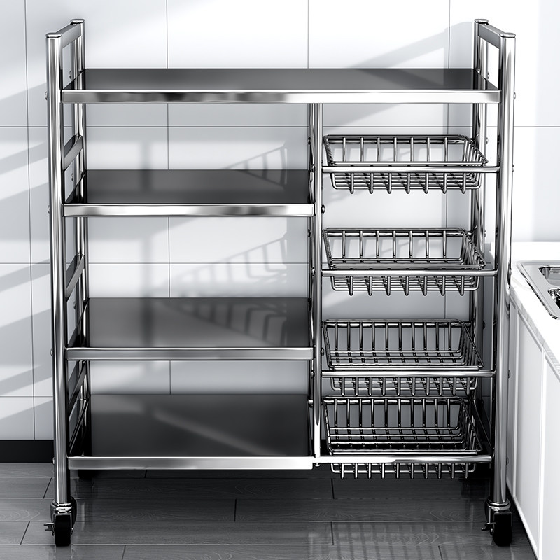 帅仕304不锈钢菜篮子厨房置物架落地多层多功能微波炉锅具收纳架