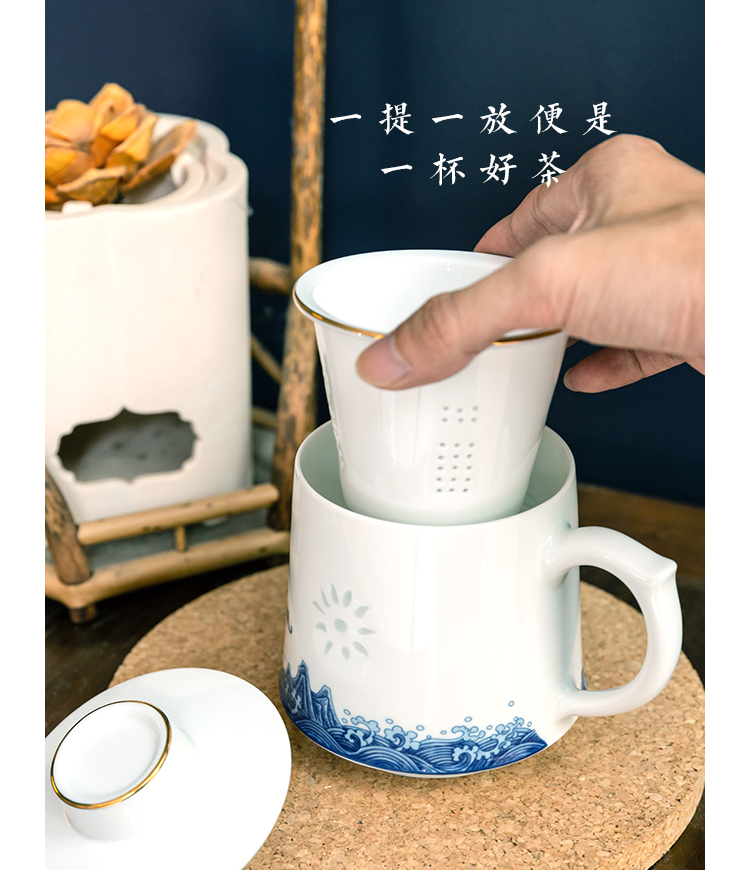 Jade cypress white porcelain of jingdezhen blue and white and exquisite ceramic filter large office cup with cover cups fushan ShouHai cups