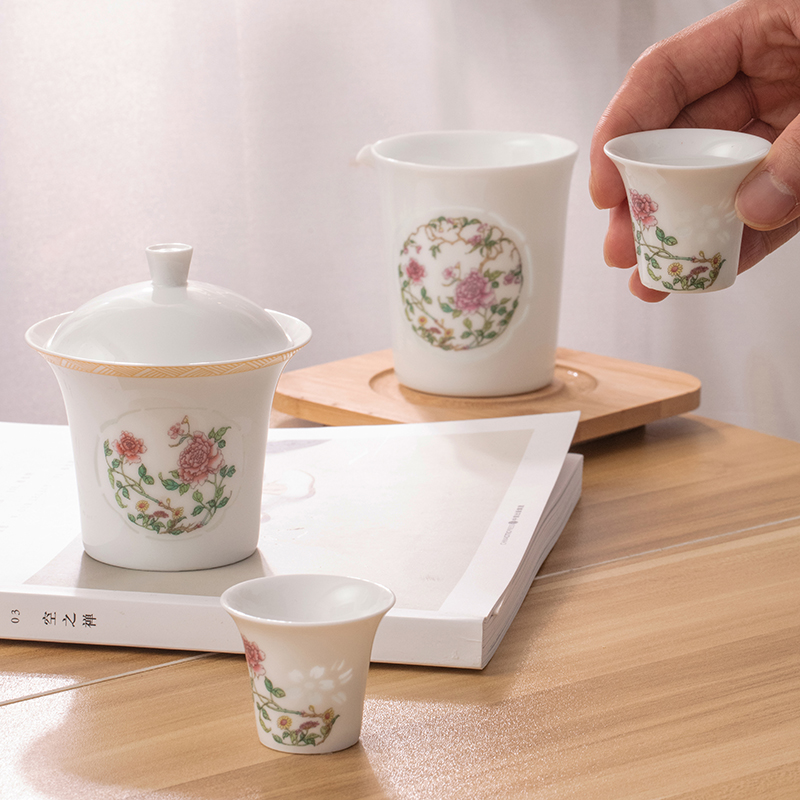 Jade cypress | jingdezhen ceramic tea set a tureen tea set with ceramic filter Mid - Autumn festival white porcelain "happy together"