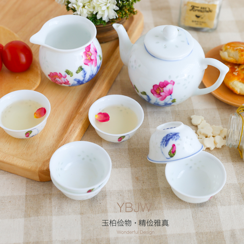 Jade cypress jingdezhen ceramic corn poppy high - grade kung fu tea set gift of a complete set of 8 head and exquisite teapot cup