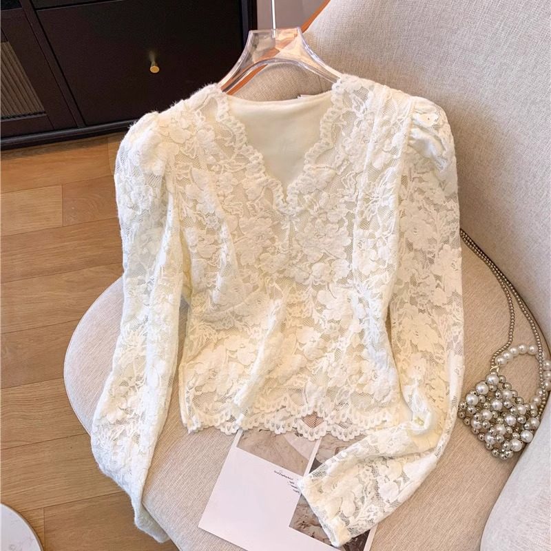 Плюс бархатная утолщенная рубашка с V-образным вырезом и матовым кружевным низом, женская осенне-зимняя новая стильная короткая блузка в западном стиле с пышными рукавами, маленькая рубашка