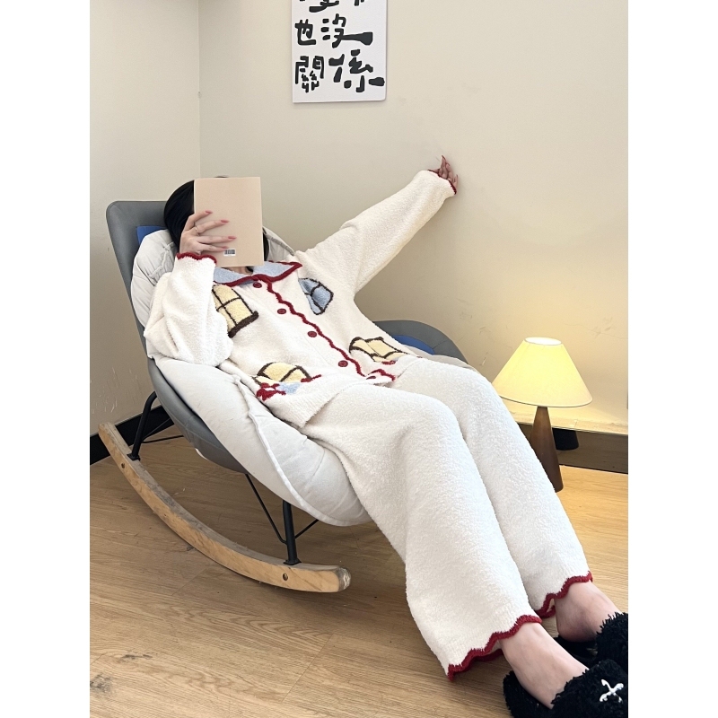 Muyanjia Soft and Fluffy Knitted Half-Fleece Pajamas for Women, Autumn Thickened and Warm, Can Be Worn Outside, Homewear Set Muyanjia Soft and Fluffy Knitted Half-Fleece Pajamas for Women, Autumn Thickened and Warm, Can Be Worn Outside, Homewear Set