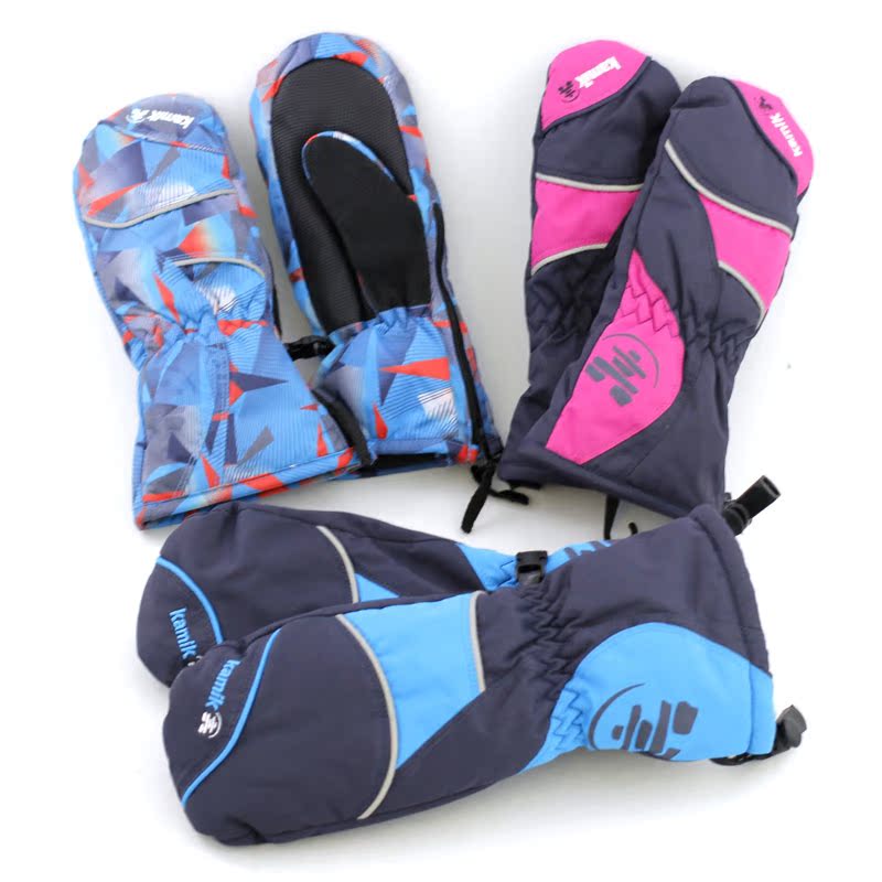 Foreign trade high quality 4-12 years old Children's clips cotton warm and closed finger ski gloves waterproof and breathable with reflective strips