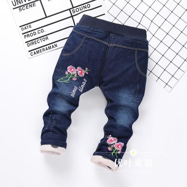 Quần jean bé gái mùa thu đông có thể được mở ra và nhung dày 1-2-3-4-5 tuổi Quần bé gái quần bò lót lông cho bé