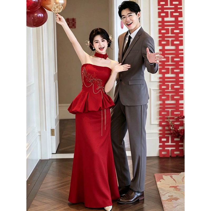 Red Engagement Dress, Stunning Morning Robe for Female Brides, Niche Strapless Dress for Petite Brides, High-End Elegant Homecoming Dress