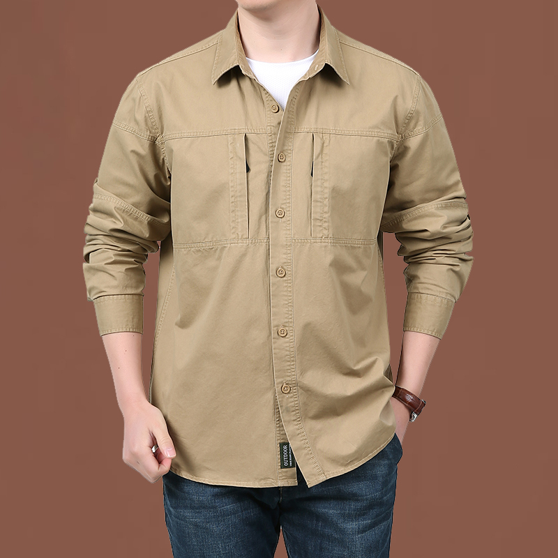 Double Zipper Large Pockets!! Spring New Men's Workwear Long-Sleeve Shirt, Large Size, Pure Cotton, Thin Shirt for Young and Middle-Aged Men