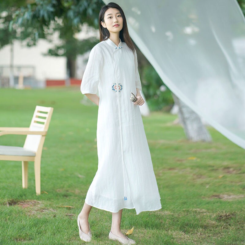 Tea clothes women's summer fairy spirit 2021 new ethnic style Chinese style stand collar long version Chinese style dress Zen clothes