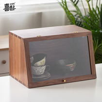 Xiqi walnut solid wood Japanese tableware storage box Wooden dust-proof transparent cosmetics kitchen utensils shelf cabinet