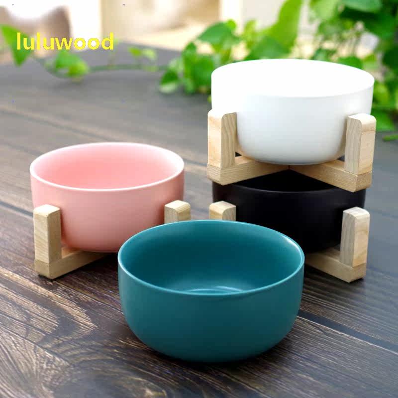 luluwood ceramic cat rice bowl protects cervical vertebrae food bowl drinking water bowl dog bowl Nordic style solid wood frame to prevent overturning