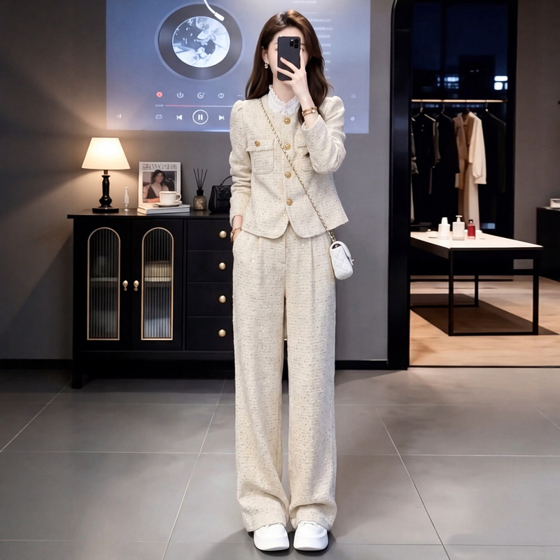 A Complete Outfit Set for a Mature and Sophisticated Look, with a Youthful and Elegant Chanel-Style Jacket and Wide-Leg Pants, a Casual Two-Piece Suit for Women in Autumn