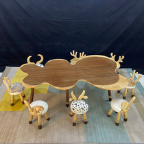 Kindergarten solid wood table and chair combination wooden table childrens nursery early education studio picture book gallery reading area 1 table 8 chairs