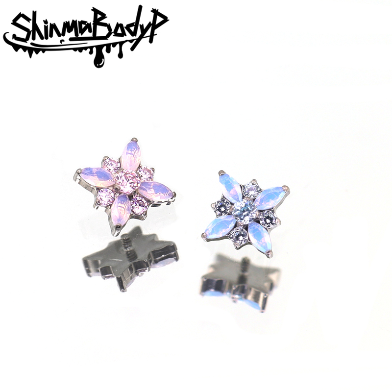 Shinma F-136 Titanium Alloy Pink Blue Opal Cute Sweet Gentle Flower Inner Lip Stud Earrings