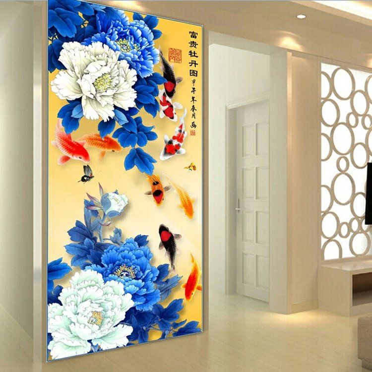 Chín cá cross stitch nở hoa mẫu đơn 2019 mới qua khâu thêu Chín cá Hình vẽ lớn lối vào phòng khách - Công cụ & phụ kiện Cross-stitch tranh thêu chữ thập hoa hồng