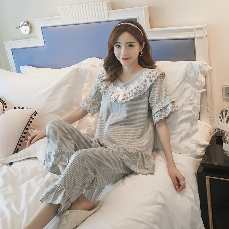 Korean version summer cotton short-sleeved pajamas ladies two-piece cotton palace style cute cropped pants home service spring and autumn