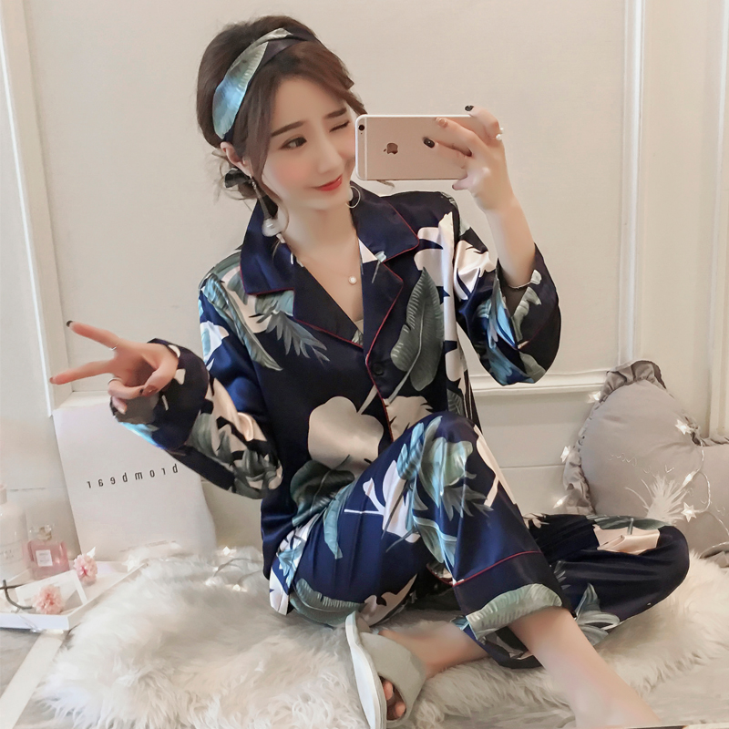 Spring and autumn simulation silk pajamas women's long-sleeved two-piece sexy cardigan ice silk home clothes suit Korean loose