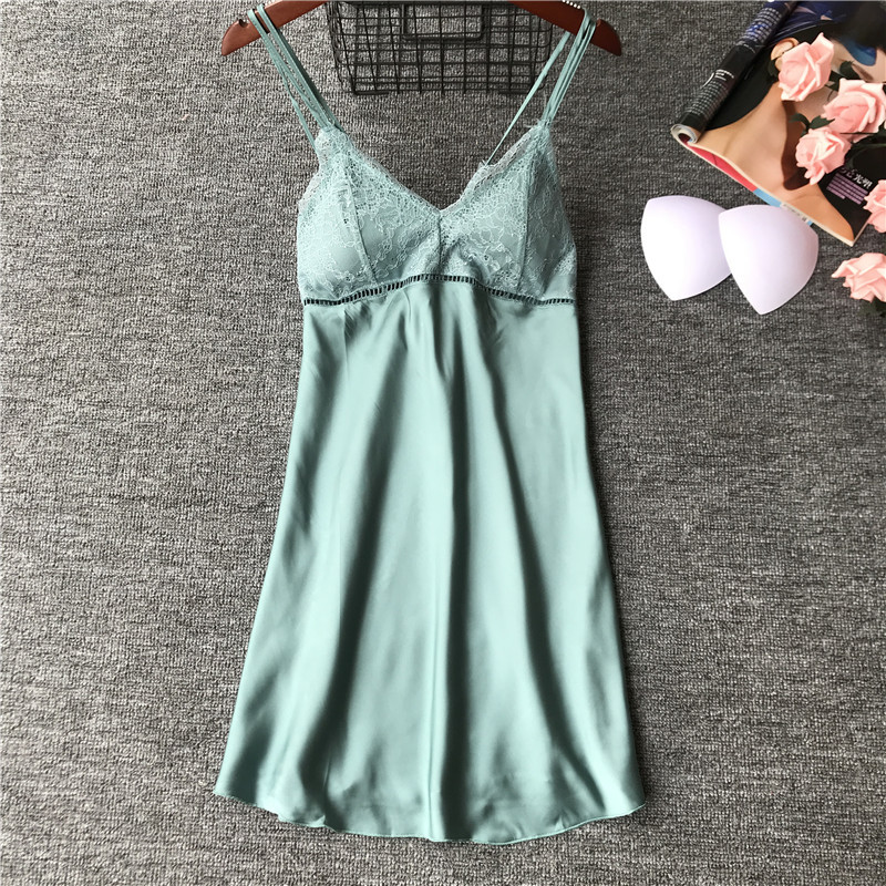 Pajamas women's summer suspenders sexy belt chest pad nightdress simulation silk mid-length version princess style fun home clothes