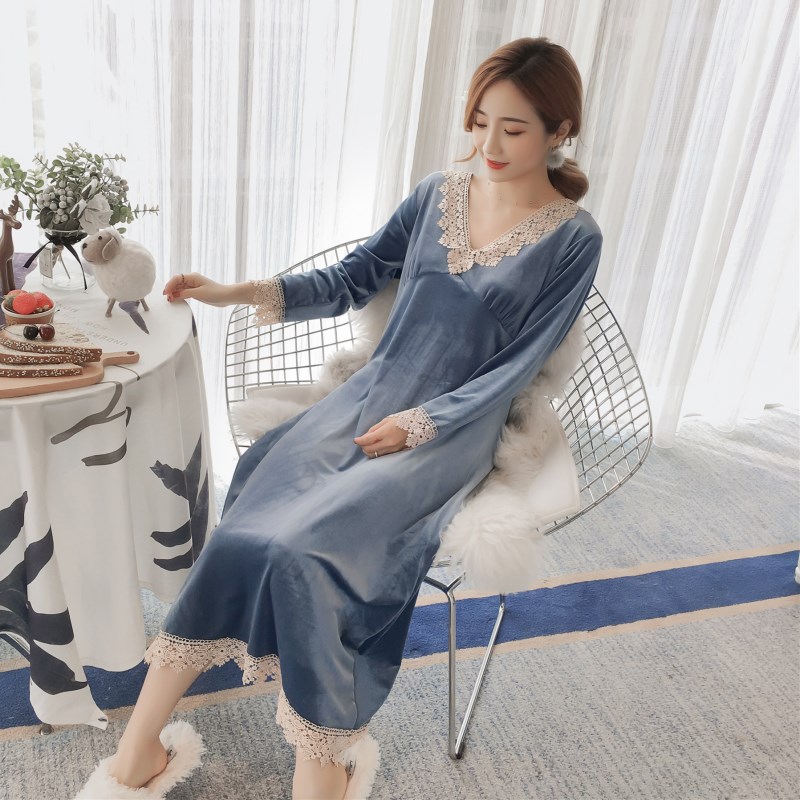 New Korean version of gold velvet pajamas ladies autumn and winter solid color nightdress sexy sweet and thin can be worn as home clothes