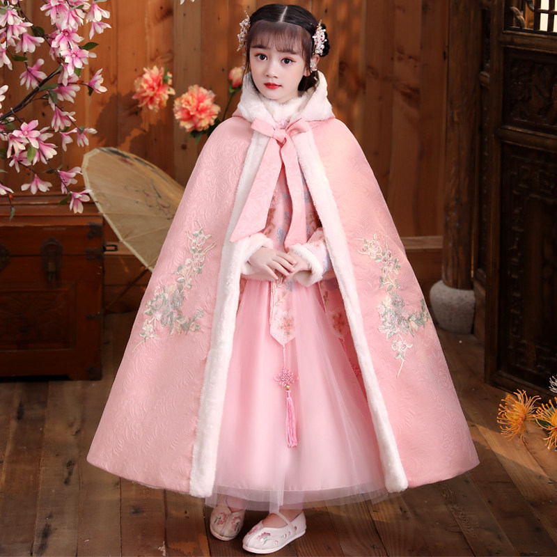 Children's shawl cloak baby out windproof hooded jacket girls plus fleece Hanfu cape Chinese style autumn and winter