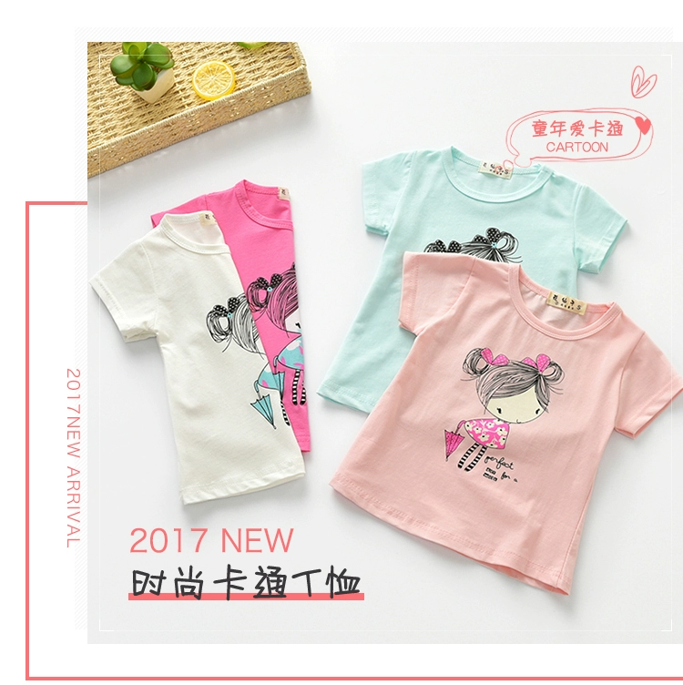 Cô gái ngắn tay T-Shirt mùa hè 2018 mới phim hoạt hình Hàn Quốc cotton vòng cổ bé áo T-Shirt